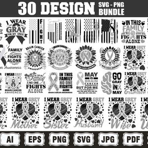 Brain Cancer Awareness SVG Png Bundle, Brain cancer svg, Cancer Gray ribbon svg, Go Gray In May Svg, Brain Tumor Awareness svg , SVG Cricut