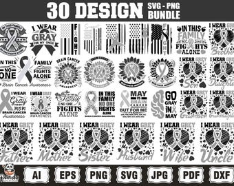 Brain Cancer Awareness SVG Png Bundle, Brain cancer svg, Cancer Gray ribbon svg, Go Gray In May Svg, Brain Tumor Awareness svg , SVG Cricut