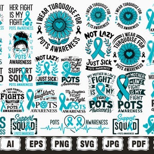 Puede incluir: Un conjunto de 24 diseños digitales con gráficos de cinta azul turquesa y texto relacionado con la concienciación sobre el POTS. El texto incluye frases como "Su lucha es mi lucha", "Equipo de apoyo", "La lucha de mi hija es mi lucha" y "Uso turquesa para la concienciación sobre el POTS".