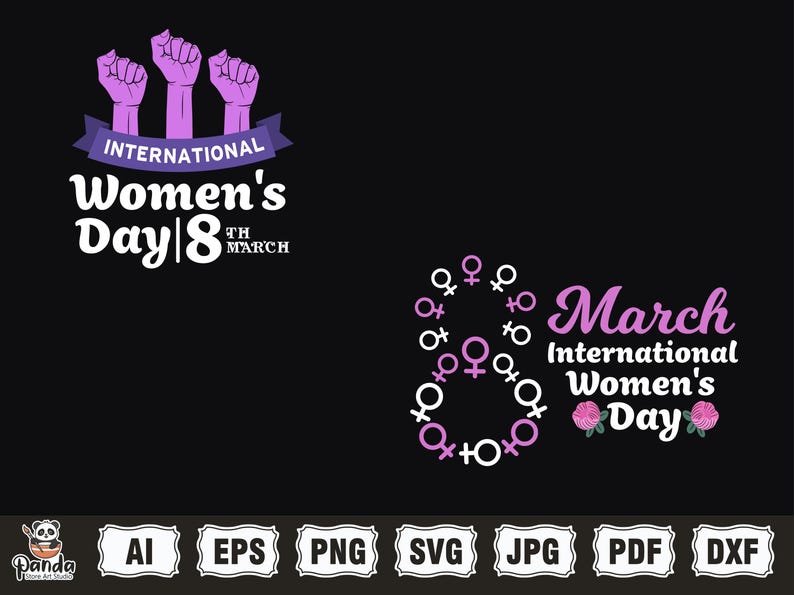 May include: International Women's Day graphic design with the text "International Women's Day 8th March" and a purple ribbon with three raised fists. The graphic also includes a pink female symbol and the text "March International Women's Day" with two pink flowers.