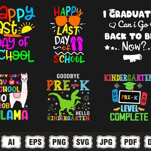 以下が含まれることがあります： 黒い背景にカラフルなグラフィックデザインのコレクション。 「Happy Last Day of School」、「Goodbye Pre-K」、「I Graduated」などのフレーズが含まれています。 ラマ、サングラス、ビデオゲームコントローラーなどのデザイン。 学年末のお祝いに最適です。