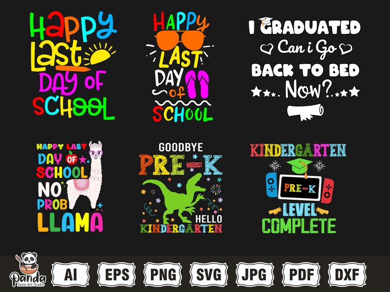 以下が含まれることがあります： 黒い背景にカラフルなグラフィックデザインのコレクション。 「Happy Last Day of School」、「Goodbye Pre-K」、「I Graduated」などのフレーズが含まれています。 ラマ、サングラス、ビデオゲームコントローラーなどのデザイン。 学年末のお祝いに最適です。