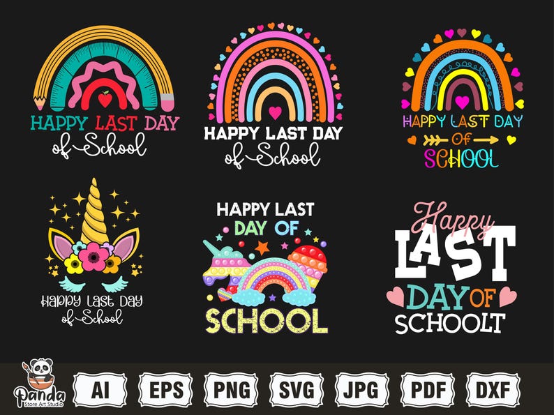以下が含まれることがあります： 黒い背景に「Happy Last Day of School」の文字が入った、6つのカラフルなデザインのコレクション。デザインには、虹、ユニコーン、その他の学校をテーマにしたグラフィックが含まれています。画像にはファイルタイプのアイコンも含まれています。