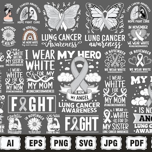 Puede incluir: Un conjunto de 20 diseños de concienciación sobre el cáncer de pulmón con cintas blancas, mariposas y texto. Los diseños incluyen frases como "Llevo blanco por mi madre", "Esperanza, lucha, cura" y "Mi héroe ahora es mi ángel".