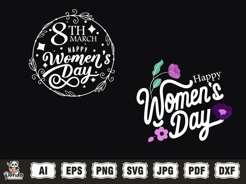 May include: Two graphic designs for International Women's Day. The first design is a white circle with a floral border and the text "8TH MARCH HAPPY Women's Day". The second design features the text "Happy Women's Day" in white with a floral design in purple and green.