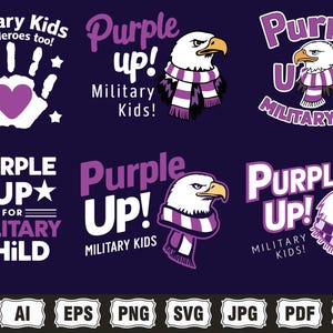 May include: Purple Up! for Military Kids design featuring a bald eagle wearing a purple scarf and the text "Purple Up!" with the words "Military Kids" below. The design is available in AI, EPS, PNG, SVG, JPG, PDF, and DXF formats.