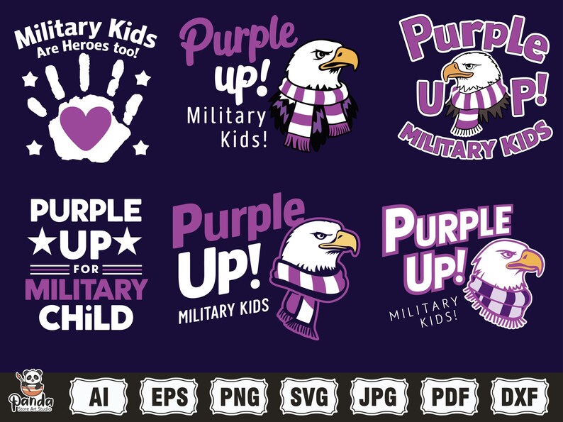 May include: Purple Up! for Military Kids design featuring a bald eagle wearing a purple scarf and the text "Purple Up!" with the words "Military Kids" below. The design is available in AI, EPS, PNG, SVG, JPG, PDF, and DXF formats.