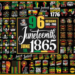 May include: A digital collage of 96 designs celebrating Juneteenth, a holiday commemorating the emancipation of enslaved African Americans in the United States. The designs feature various graphics, including text, flags, and illustrations, all in red, black, and green colors. The text includes phrases like "Juneteenth 1865", "Black Queen", and "Breaking Every Chain".