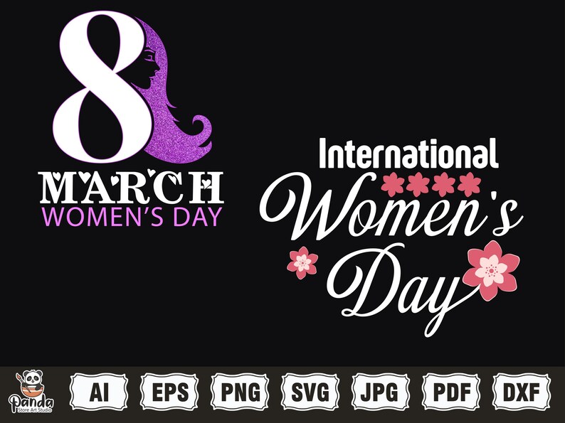 May include: A graphic design featuring the text "International Women's Day" with pink flowers and the number 8 with a purple silhouette of a woman's head and shoulders. The text "March Women's Day" is also included.