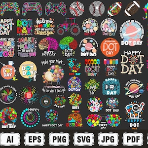 May include: A collection of colorful digital designs featuring the words "Happy Dot Day" and "Make Your Mark." The designs include game controllers, sports balls, and various graphic elements, all composed of dots. The image also includes file format icons.