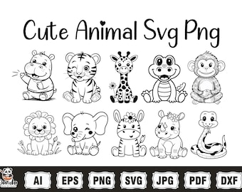 Lion Tiger Hippo Giraffe Zebra Monkey Zoo Savanna Kids Baby, Safari animals outline SVG, Cute african jungle, animal cut file Cricu svg