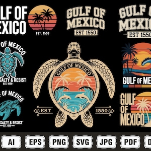 Könnte beinhalten: Eine Sammlung von Designs zum Thema Golf von Mexiko. Die Designs enthalten den Text "Gulf of Mexico" und "Stay Salty & Resist" sowie Bilder einer Schildkröte, Delfinen, Palmen und Wellen. Die Designs sind im Retro-Stil.