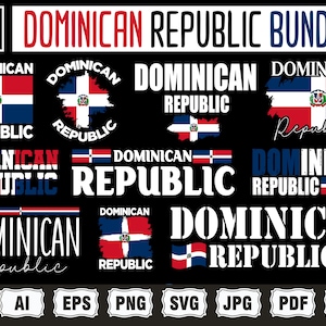 May include: A black graphic design featuring the text "DOMINICAN REPUBLIC BUNDLE" with various flag and text designs. The designs include the Dominican Republic flag and the words "Dominican Republic" in different fonts.