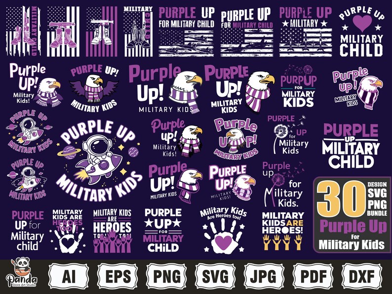 May include: A set of 30 Purple Up for Military Kids SVG, PNG bundle designs. The designs feature various illustrations, including a purple eagle, a rocket ship, and a handprint. The text "Purple Up for Military Child" is featured in several designs.