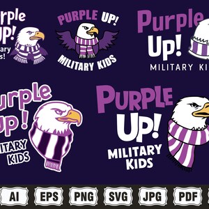 May include: Purple Up! Military Kids logo featuring a cartoon bald eagle wearing a purple and white striped scarf. The eagle is facing right and has a serious expression. The text "Purple Up!" is in a large, bold font and is above the eagle. The text "Military Kids" is in a smaller font and is below the eagle.