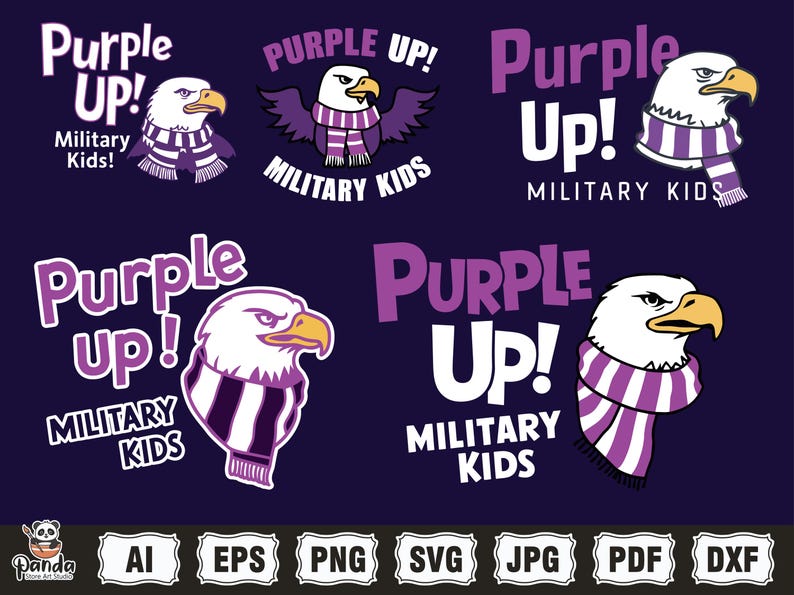 May include: Purple Up! Military Kids logo featuring a cartoon bald eagle wearing a purple and white striped scarf. The eagle is facing right and has a serious expression. The text "Purple Up!" is in a large, bold font and is above the eagle. The text "Military Kids" is in a smaller font and is below the eagle.