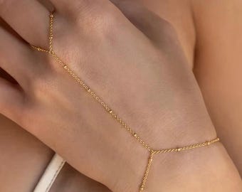 Simple 14K Yellow Gold Beaded Hand Chain