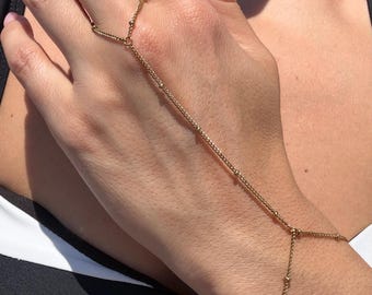 Simple 14K Yellow Gold Beaded Hand Chain