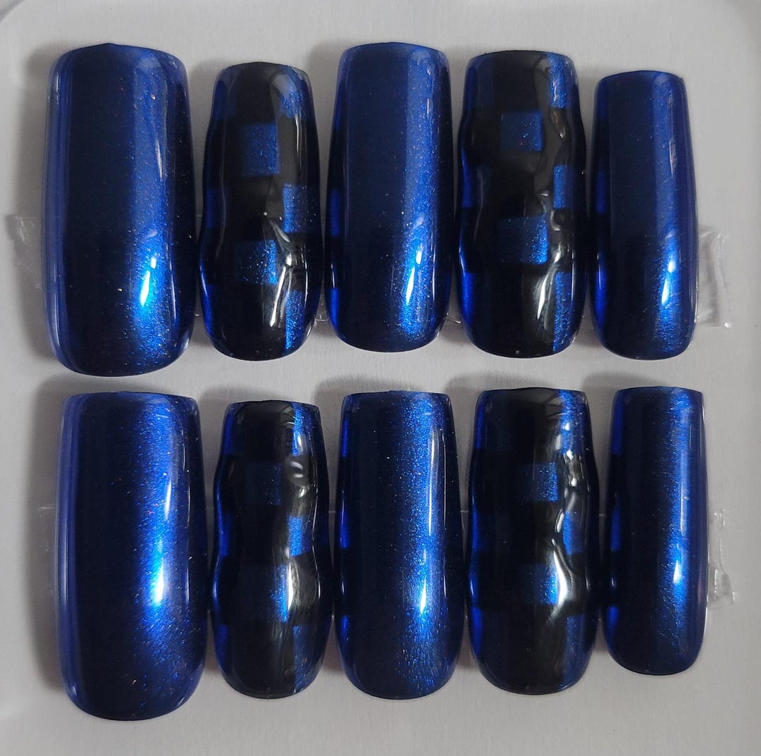 Iridescent Blue + Chic Checkers Press-on Nails - Etsy