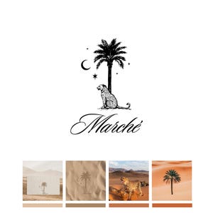 May include: A black and white logo depicting a palm tree, a crescent moon, stars, and a leopard. The word "Marché" is written in cursive beneath the illustration. The logo is on a white background.