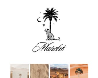 Op de afbeelding: Zwart-wit logo met een palmboom, een halve maan, sterren en een luipaard. Het woord "Marché" staat eronder in cursief. Het logo staat op een witte achtergrond.