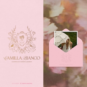 Floral Crest Logo | Botanical Logo | Crest Logo | French Flower Logo | Statue Logo | Feminine Logo | Premade Logo Design | Old Money Logo
