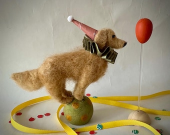Party Dog - Needle Felted Golden Retriever Cake Topper, Plant Stick, or Party Decoration