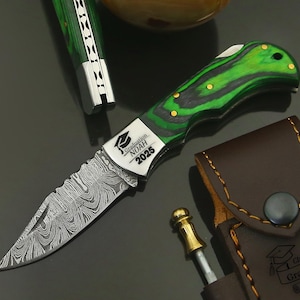 Custom Damascus Pocket Knife, Handmade Engraved Knife, Personalized Groomsmen Gift, Gift for Him, Husband, Dad, Anniversary, Graduation Gift