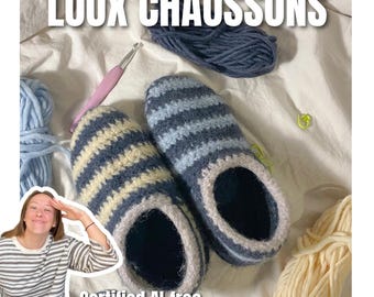 May include: A pair of striped crochet slippers with a light-colored trim, surrounded by balls of yarn, a crochet hook, and a measuring tape. The text LOUX CHAUSSONS and Certified AI-free is visible. The slippers feature alternating dark and light stripes.