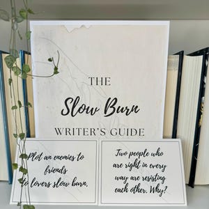May include: Two white cards with black text on a white background. The text on the first card reads "Plot an enemies to friends to lovers slow burn." The text on the second card reads "Two people who are right in every way are resisting each other. Why?" The cards are on a shelf with books behind them.