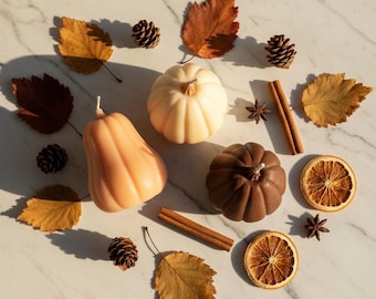 May include: An arrangement of fall-themed decorative items on a marble surface. The display includes three pumpkin-shaped candles in cream, orange, and brown, surrounded by dried leaves, pine cones, cinnamon sticks, star anise, and dried orange slices.