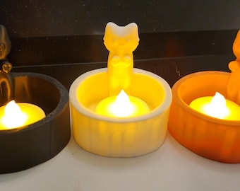 3D Printed Cat Tea Light Holder: PLA Plastic Kitten Decor (Electric Candle Only)