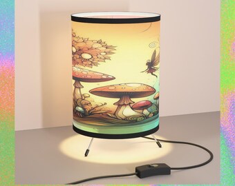 Whimsical Tripod Lamp, Art Deco Lighting, Boho Home Decor, Unique Gift for Nature Lovers, Mushroom Print, Fairycore Decor,  Colorful Lamp