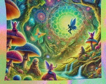 Whimsical Fairy Forest Tapestry - Enchanted Home Decor, Bohemian Wall Hanging, Psychedelic Art, Gift for Nature Lovers, Dreamy Room Accent