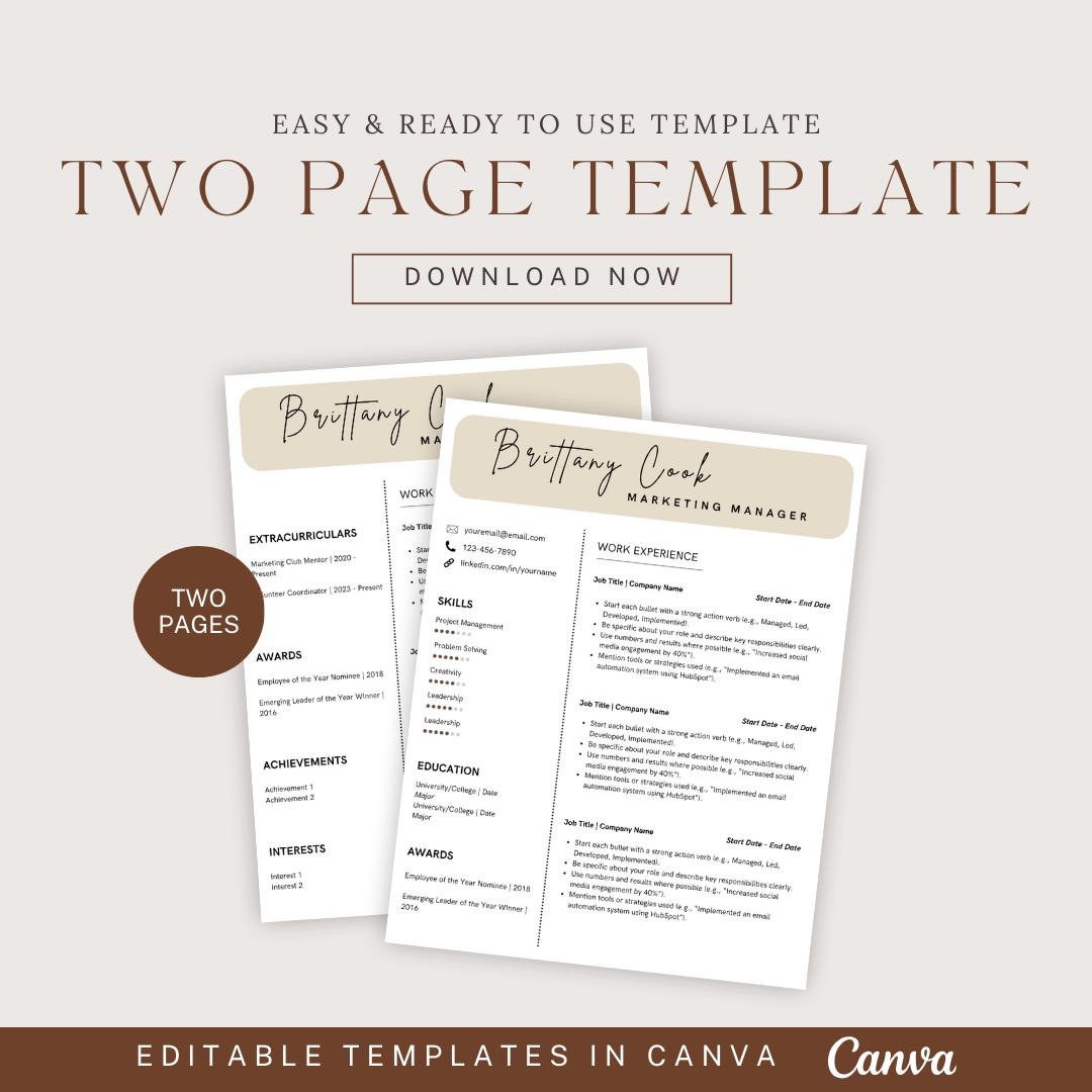ATS Friendly Modern Canva Resume Template | 1-page & 2-page | Cover ...