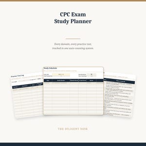 May include: A CPC Exam Study Planner digital template featuring three distinct sections: a Practice Test Log, a Study Schedule, and a What to Focus Do guide. The layout includes tables for tracking dates, scores, hours, and study domains with text.