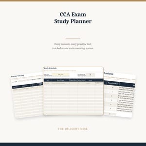 Pode incluir: Um modelo digital de planejador de estudos para o exame CCA com três seções sobrepostas: um registro de testes práticos, um cronograma de estudos e um gráfico de análise com cabeçalhos azul-escuro e linhas em bege claro.