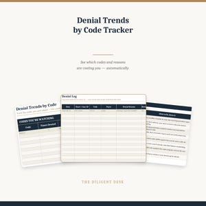 Może przedstawiać: Cyfrowy pulpit nawigacyjny zatytułowany Denial Trends by Code Tracker, zawierający tabelę Denial Log, listę Codes You're Watching oraz sekcję What to Do About It. Interfejs wyświetla kolumny dla daty, identyfikatora przypadku, kodu i przyczyny.