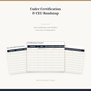 May include: A Coder Certification & CEU Roadmap digital planner with three visible tabs: Specialty Skill Progression, Certification Tracker, and a third tab. The text reads: Every certification, every deadline, in one auto-counting system.
