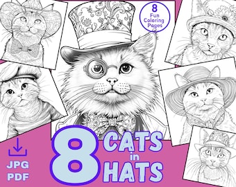 Cats in Hats Coloring Pages: 8 Fun Printable Designs (Digital Download)
