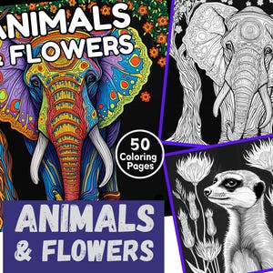 Animals & Flowers Coloring Pages: 50 Relaxing Designs (Digital Download)