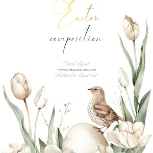 Ensemble de cliparts aquarelle tulipe et oeuf de Pâques : compositions d'angle pour cartes, téléchargements numériques PNG
