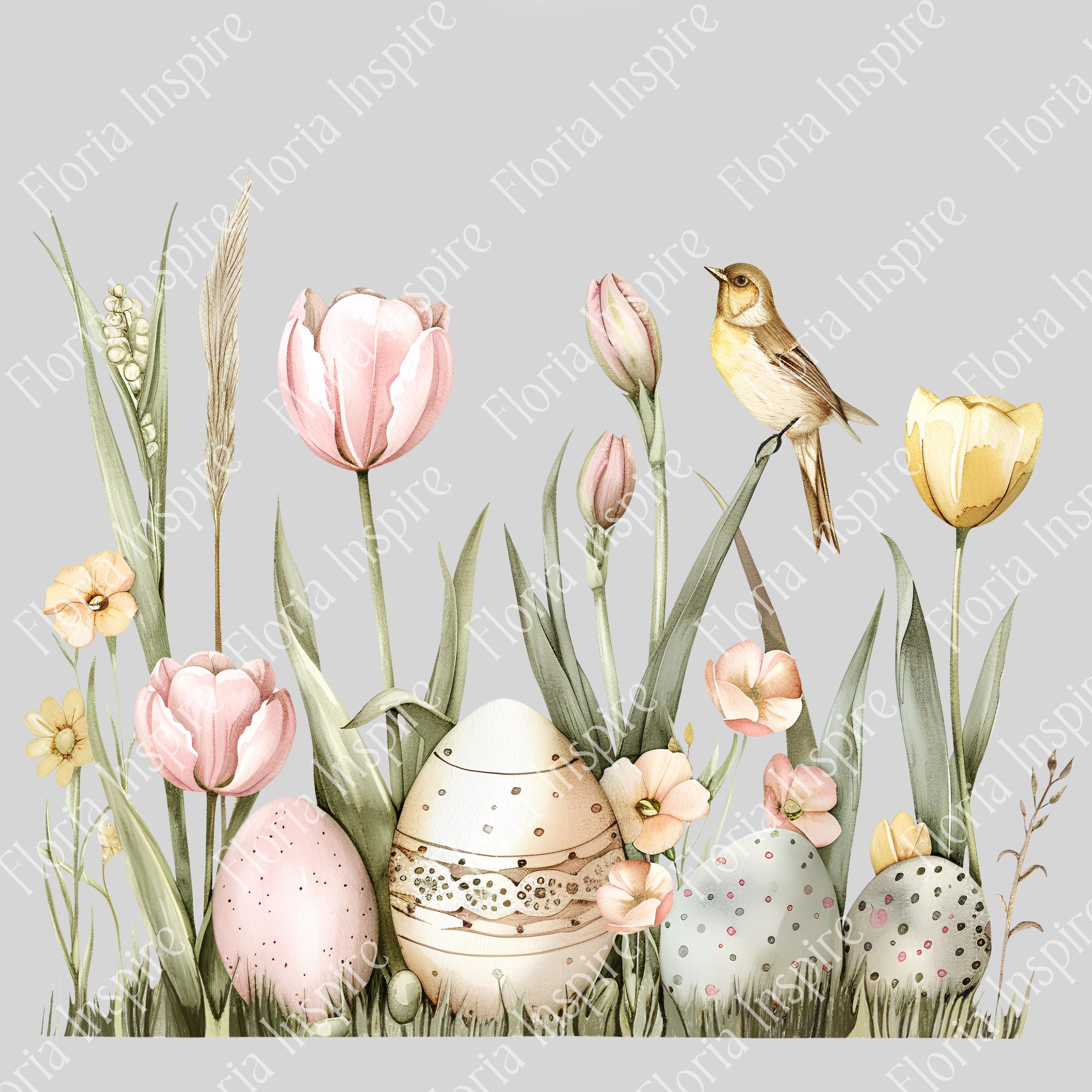 Watercolor Easter Tulips & Eggs Clipart Set: Digital Borders for Spring ...