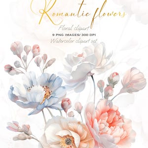 Clipart floral romántico de acuarela: ramos de peonías y rosas de té y arreglos florales para bodas.