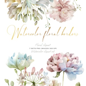 Eleganti bordi floreali ad acquerello: peonie, ortensie e alstroemeria per inviti e design di nozze