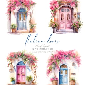 Clipart de acuarela provenzal: Puertas italianas vintage con flores para invitaciones y decoración de boda