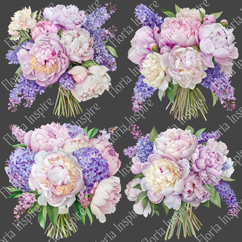 Elegant Watercolor Peony & Lilac Bouquet Clipart Set for Wedding ...