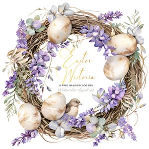 Couronne de Pâques aquarelle avec glycine - Clipart PNG floral printanier pour projets DIY et décorations