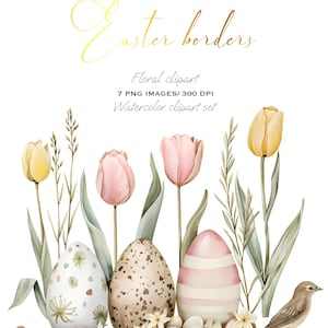 Ensemble de cliparts aquarelle tulipes de Pâques et oeufs : bordures numériques pour créations créatives et cartes de printemps