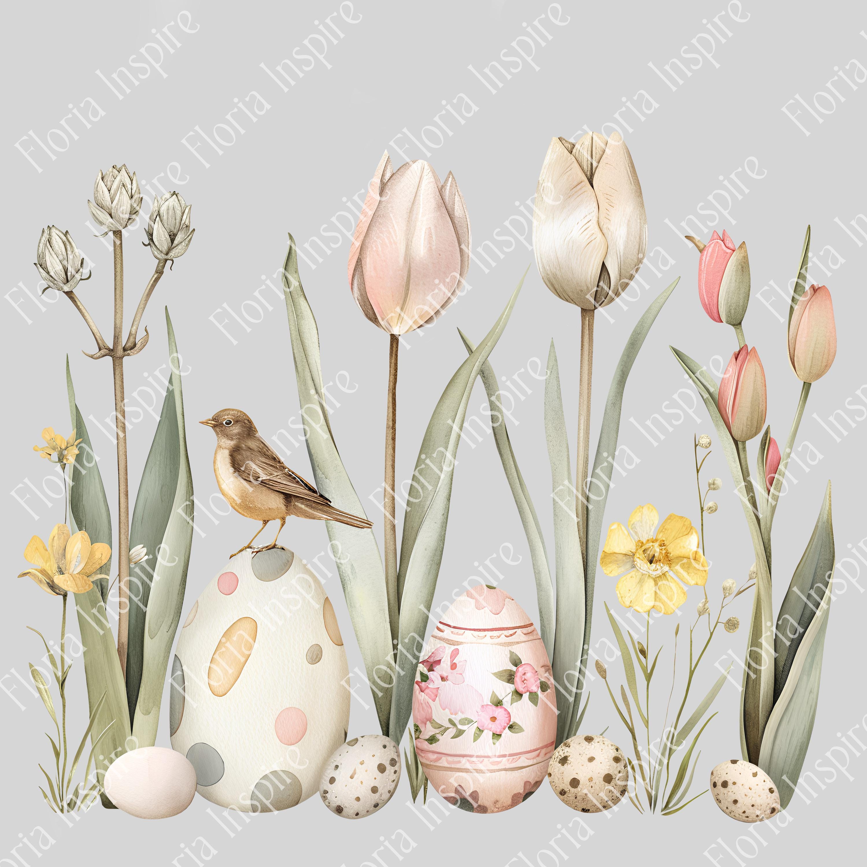 Watercolor Easter Tulips & Eggs Clipart Set: Digital Borders for Spring ...